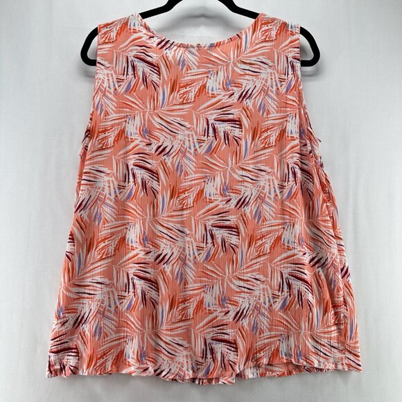 Basic Editions Tank Top Womens Sz L Tropical Shirred Crinkle Sleeveless Orange - Picture 2 of 11